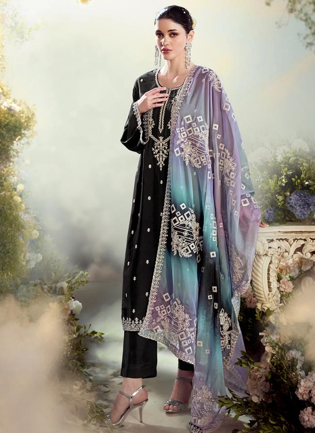 Modal Silk Black Party Wear Emboidery Work Straight Suit